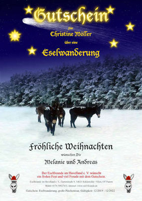 Gutschein - Weihnachtlich - Eselfreunde im Havelland e. V., Brandenburg - Eselwandern, Eselkurs